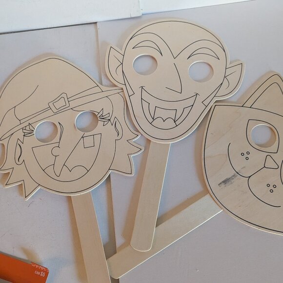 NWT Halloween 3 Wood Masks DIY Crafts Creatology Cat Witch Dracula Trick Treat - Picture 1 of 8